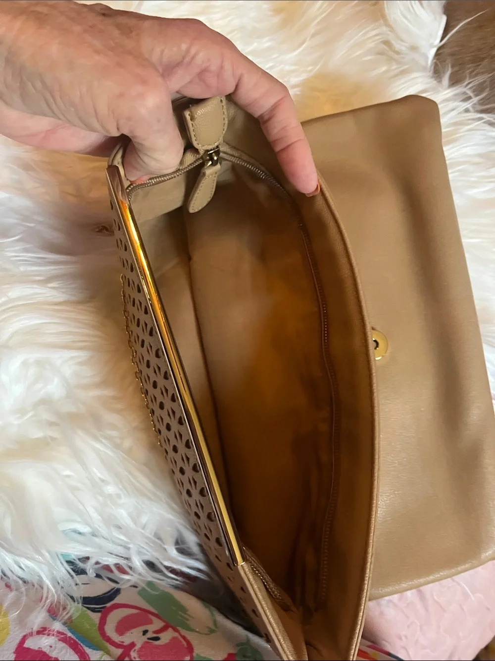 Tan Laser-Cut Foldover Clutch with Gold Chain